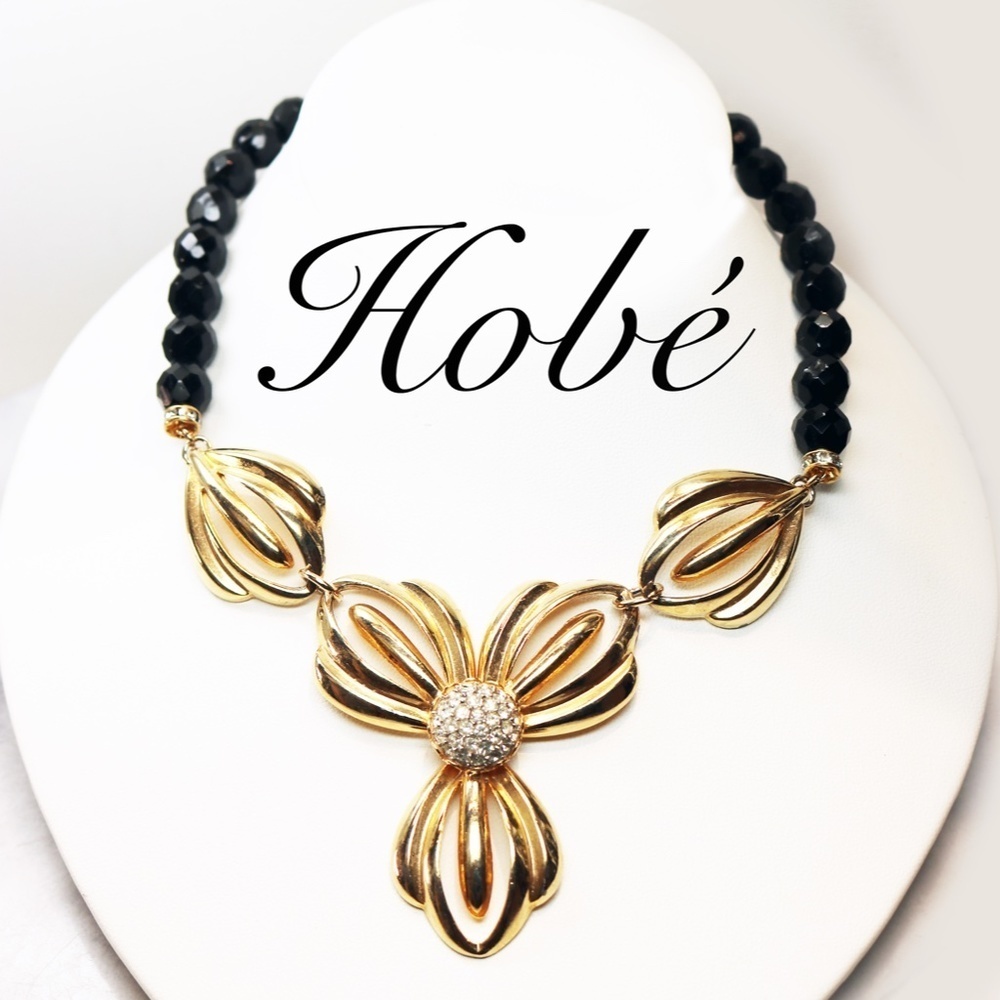Vintage Hobé Black & Gold Floral Crystal Necklace